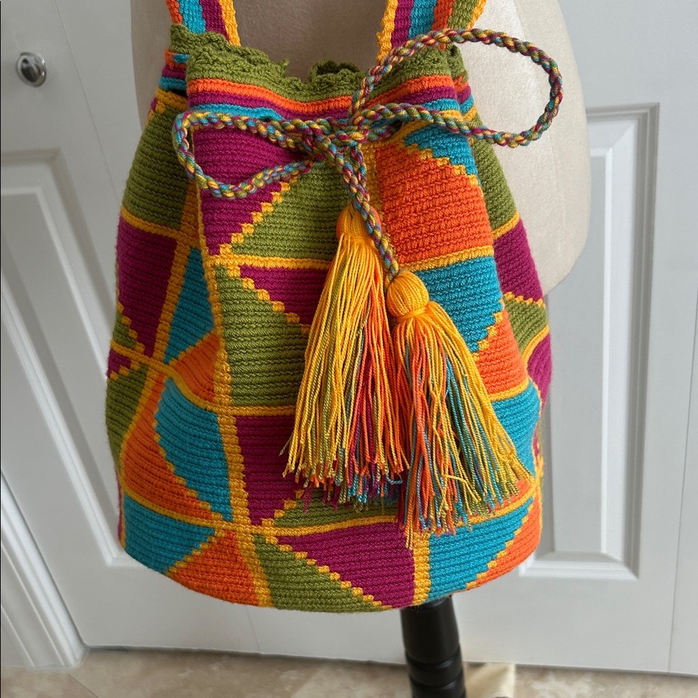 Bohemian Wayuu tribe handmade Bucket Shoulder Crossbody Bag. Multicolor